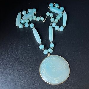 Vintage Alua Rio Mexico Blue Agate 25” Etched Pendant Necklace